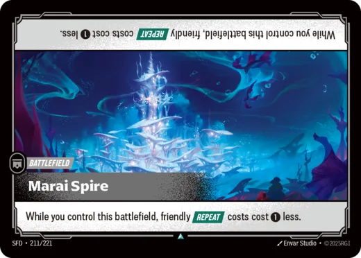 Riftbound Battlefield: Marai Spire. While you control this battlefield, friendly [Repeat] costs cost [1] less.
