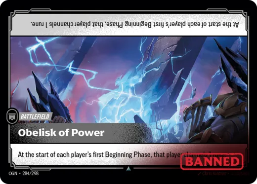 Riftbound Battlefield: Obelisk of Power. At the start of each player's first Beginning Phase, that player channels 1 rune.