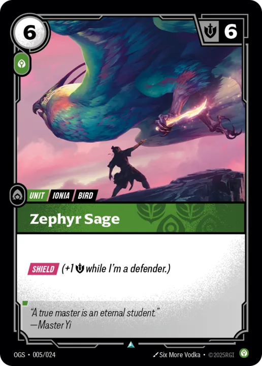 Riftbound Unit: Zephyr Sage. [Shield] (+1 [S] while I'm a defender.)