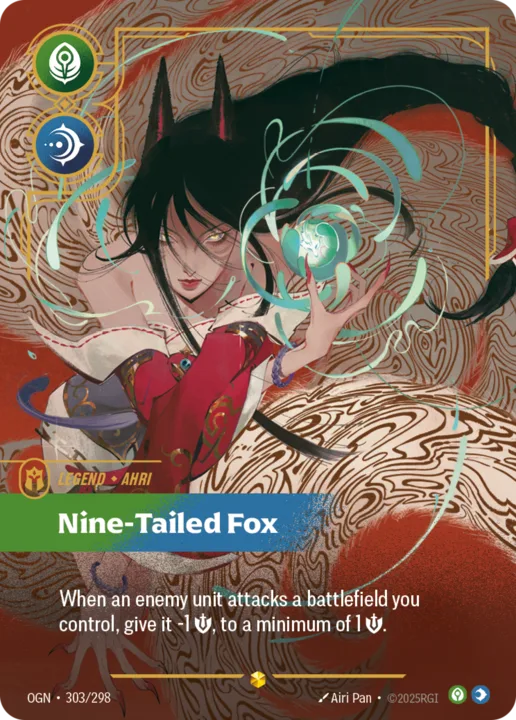 Riftbound Legend: Nine-Tailed Fox. When an enemy unit attacks a battlefield you control, give it -1 [S] this turn, to a minimum of 1 [S].