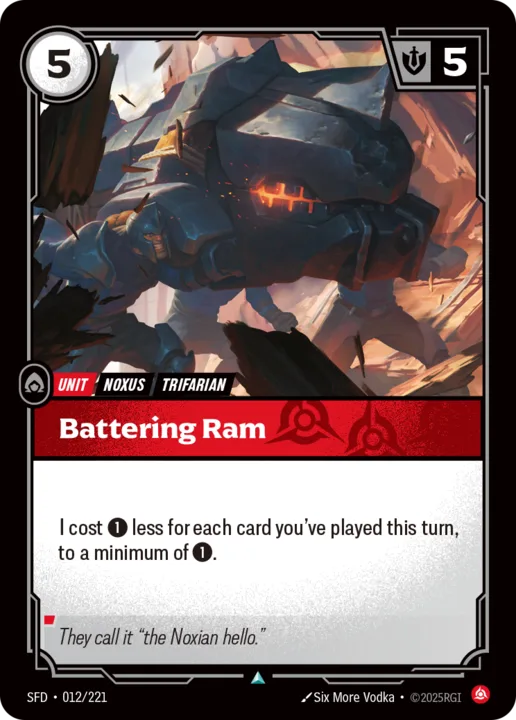 Riftbound Unit: Battering Ram. I cost [1] less for each card you've played this turn, to a minimum of [1].