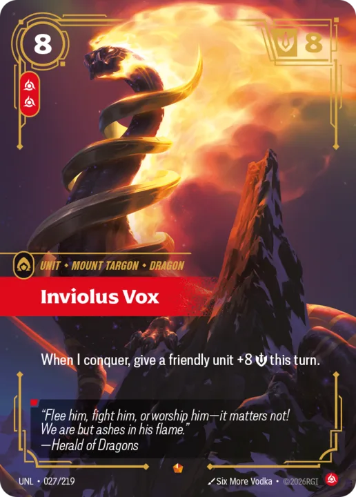 Riftbound Unit: Inviolus Vox. When I conquer, give a friendly unit +8 [S] this turn.