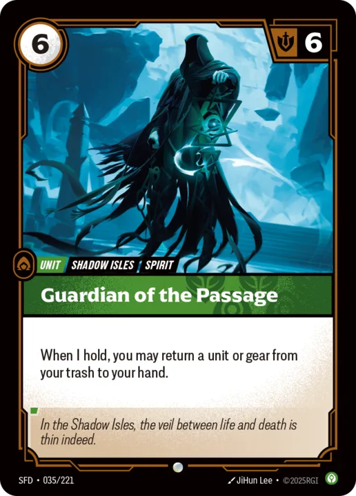 Riftbound Unit: Guardian of the Passage. When I hold, you may return a unit or gear from your trash to your hand.