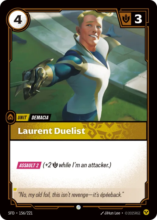 Riftbound Unit: Laurent Duelist. [Assault 2] (+2 [S] while I'm an attacker.)