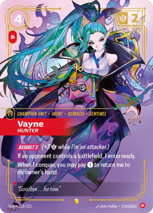 Riftbound Unit: Vayne, Hunter. [Assault 3] (+3 [S] while I'm an attacker.)
If an opponent controls a battlefield, I enter ready.
When I conquer, you may pay [1] to return me to my owner's hand.